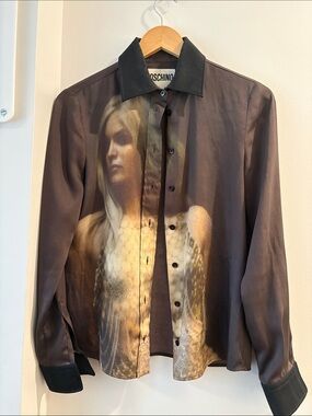 Moschino Sheer Graphic Print Button-Up Shirt in Brown